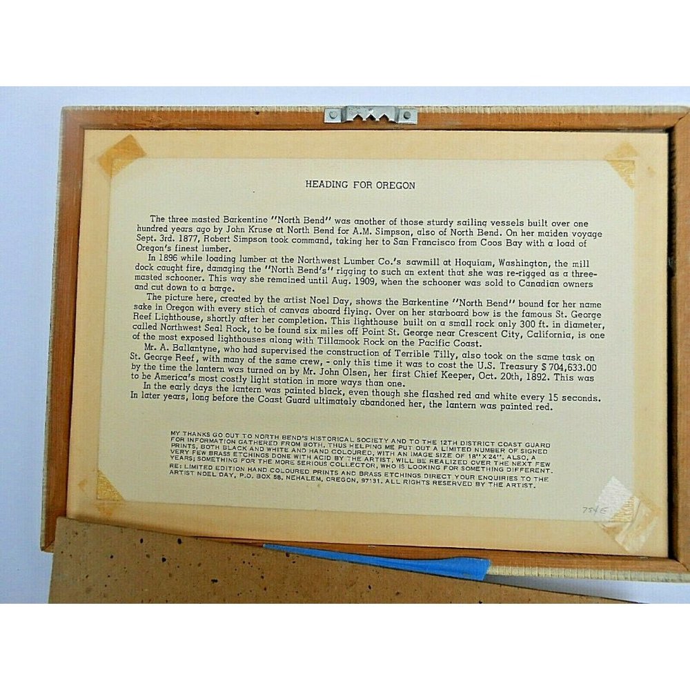 Noel Day Art Print "Heading for Oregon" Barkentine "North Bend" Lumber Ship 1983 - Picture 2 of 4
